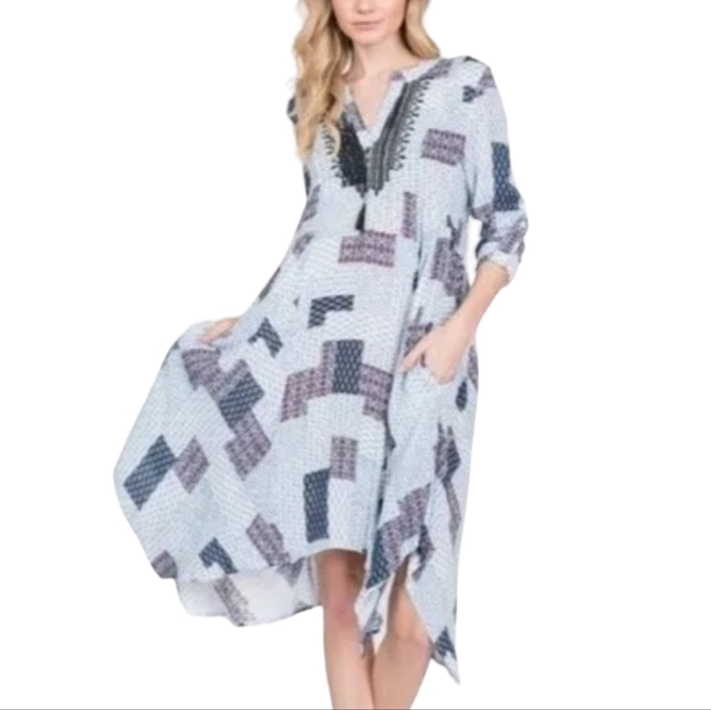 Boutique‎ Patchwork Asymmetrical Midi Dress Blue Bohemian Print Gauze V-…